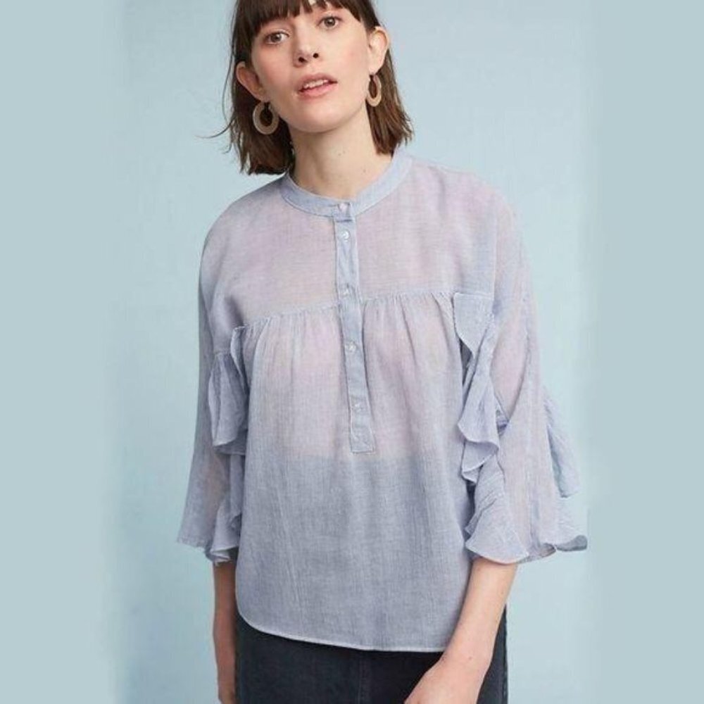 Anthropologie Maeve Ruffle Striped Henley 3/4 Sleeve Blouse Lightweight Sz Small